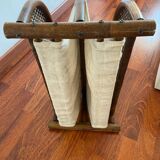 Magazine rack in curved wood, fabric and canework