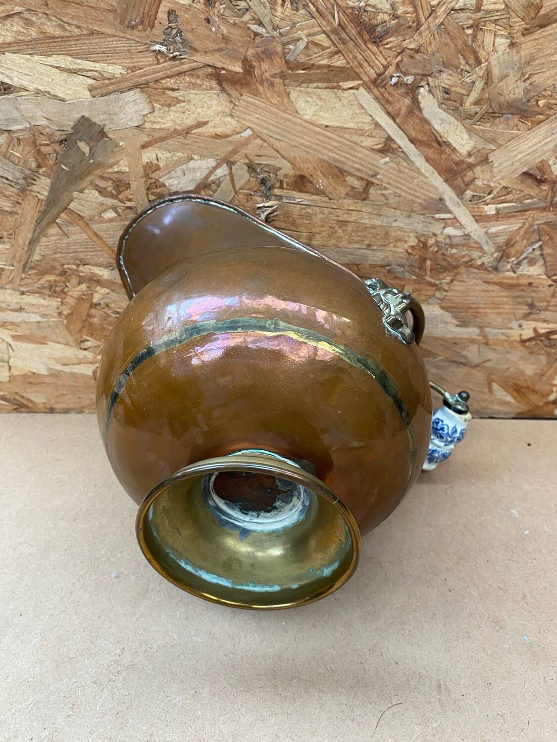 Antique copper & brass ash bucket + porcelain handle