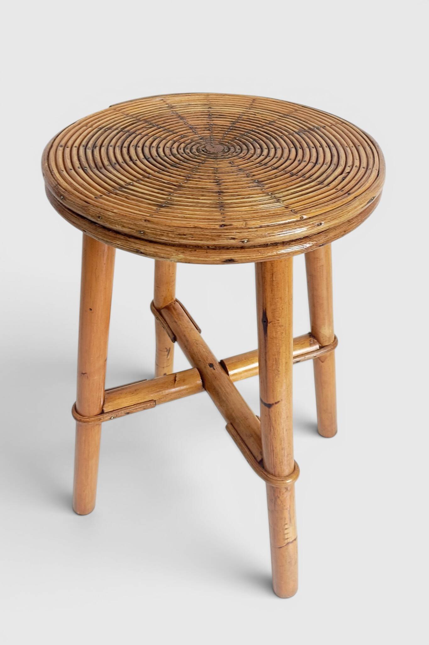 Vintage Rattan and Bamboo Accent Side Table / Stool, Spain, 1970s