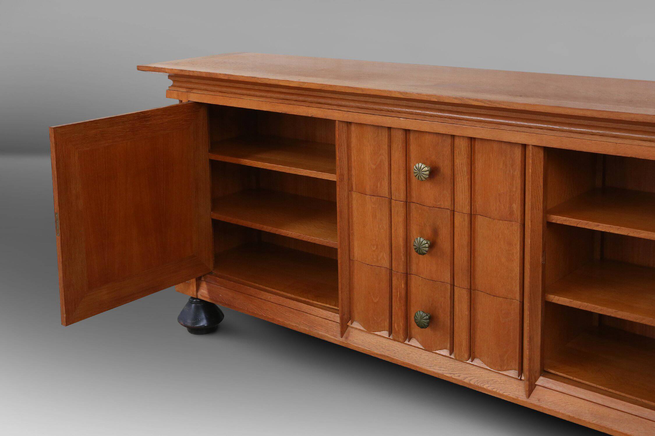 Art Deco brutalist Belgian Oak and Brass Sideboard, 1940s