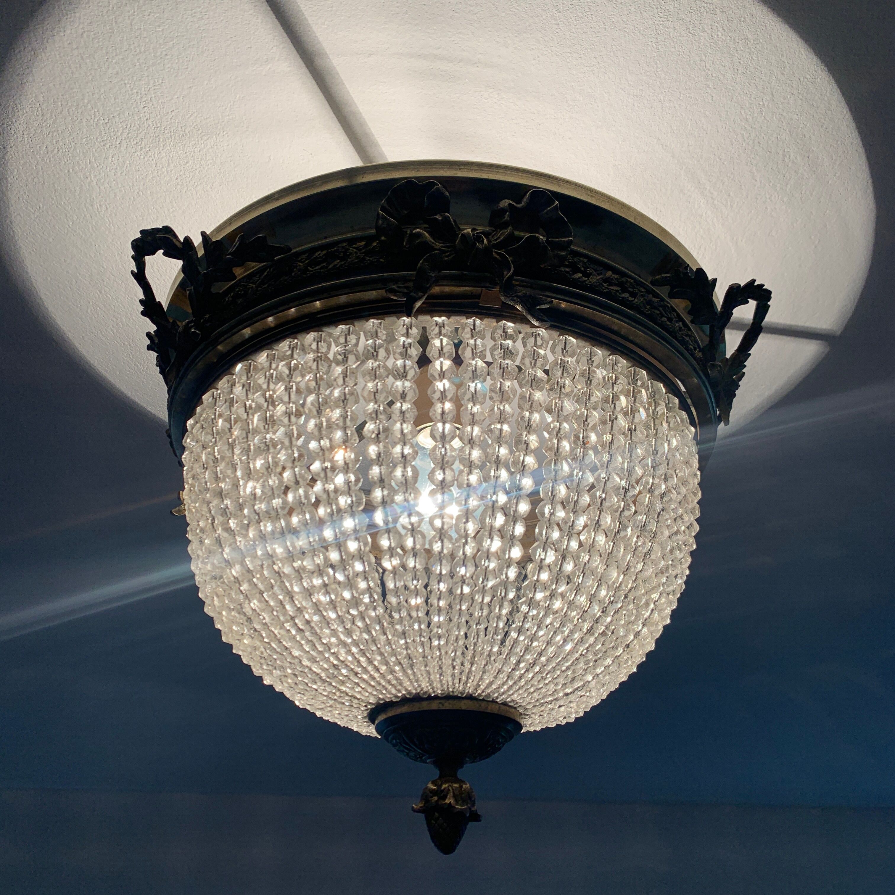 Ceiling light basket old 19th brass and faceted glass beads