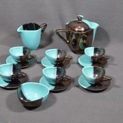 Vallauris coffee service in black and turquoise earthenware.