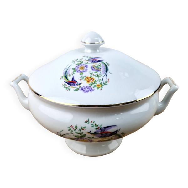 Soupière ancienne porcelaine de Limoges décor oiseaux du paradis