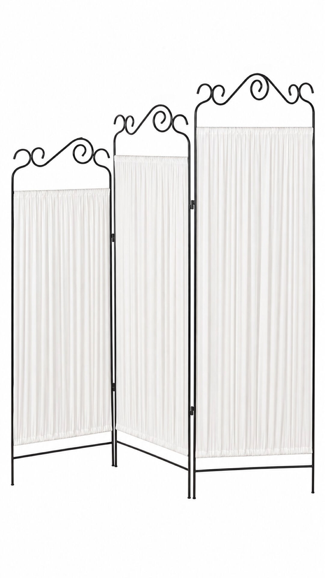 Black wrought iron screen with white fabric, 3 panels with scrolls.