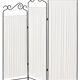 Black wrought iron screen with white fabric, 3 panels with scrolls.