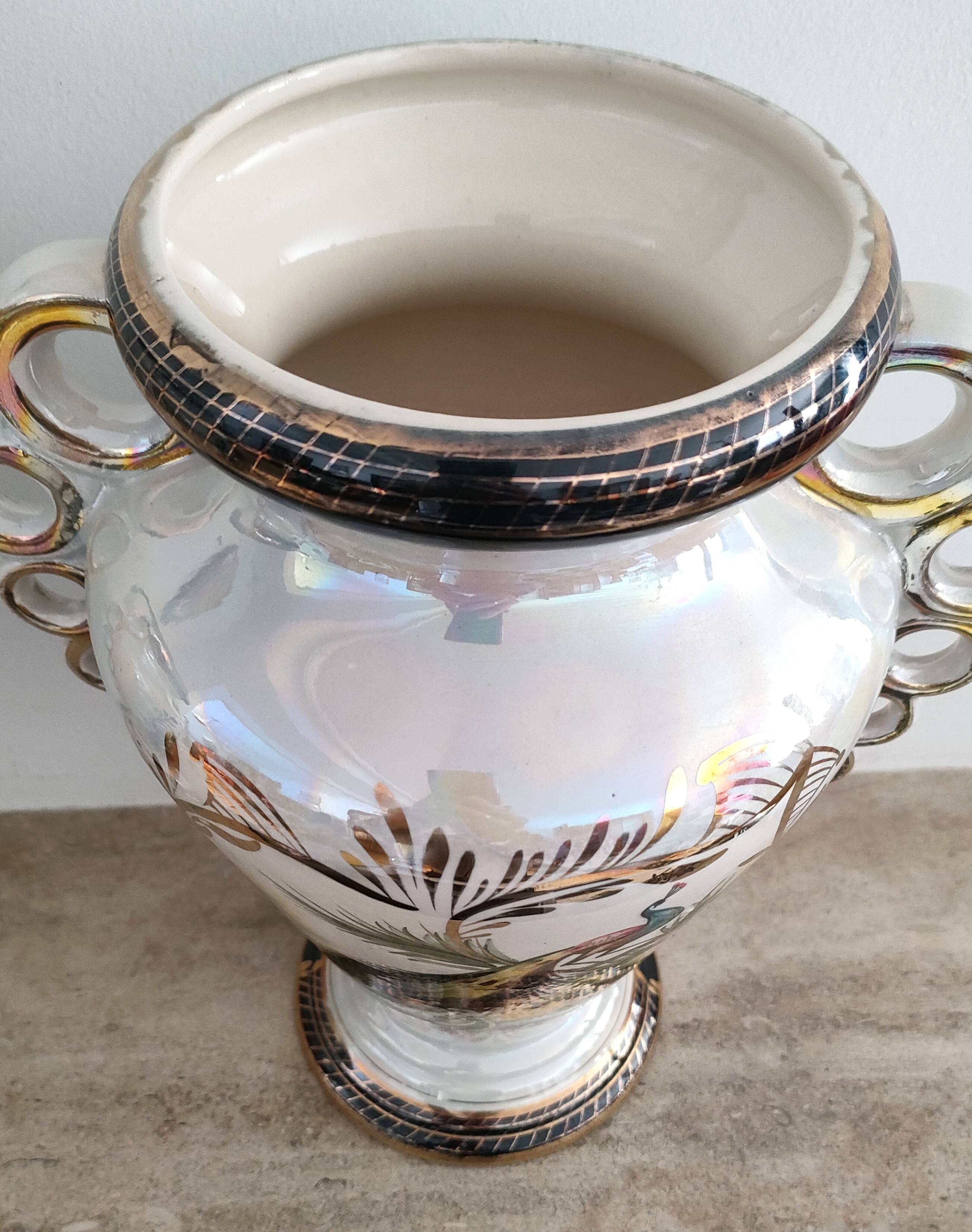 Pair of peacock vases by Hubert Bequet - Pearly ceramic - Belgium - 60s