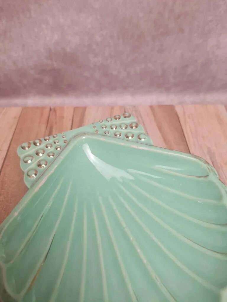 Vintage shell B. Letalle Saint-Clément celadon green with pearl decoration