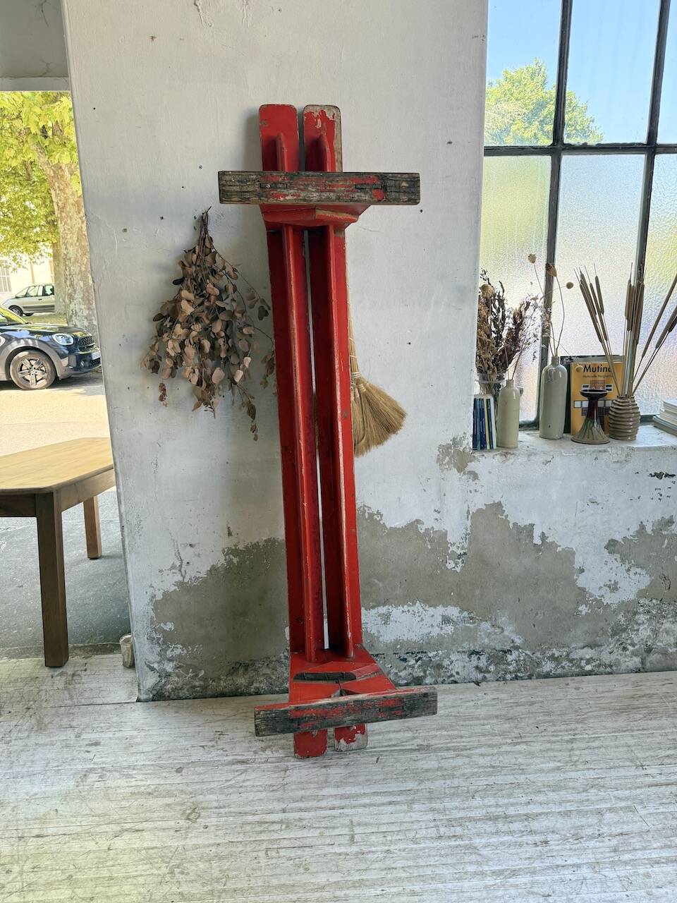 1950s oak bench with red patina, 2m