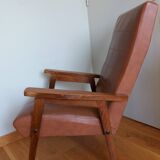 Scandinavian brown skai and wood armchair