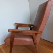 Scandinavian brown skai and wood armchair