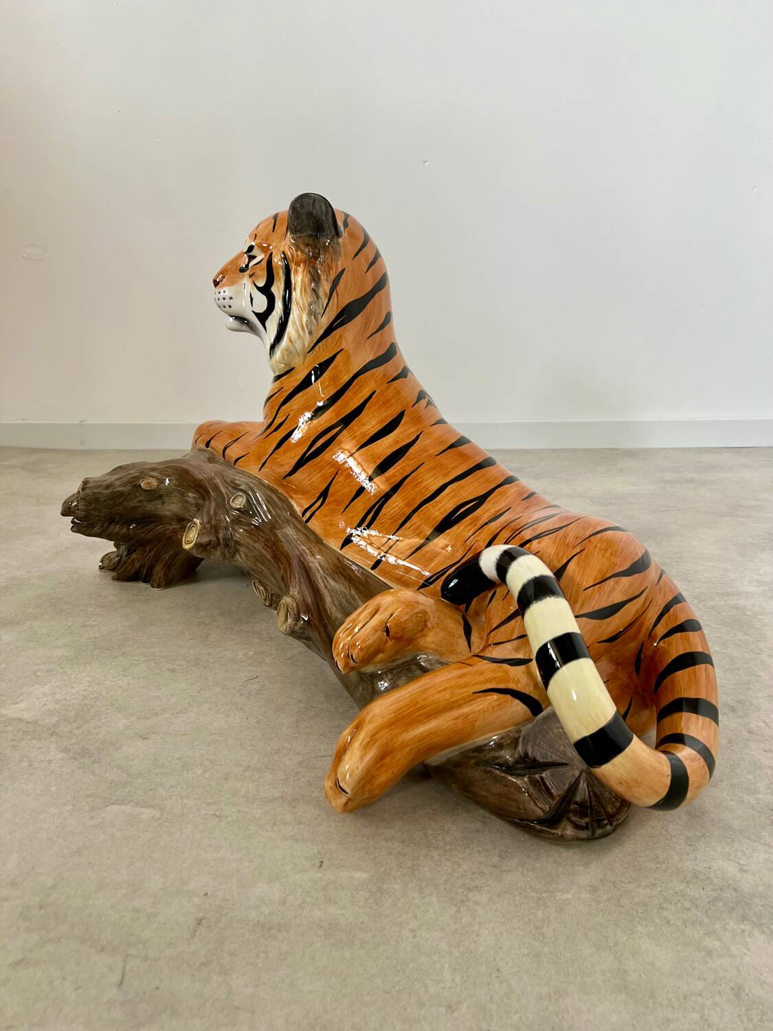 Old vintage ceramic tiger 70s Italian design lying position
