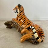 Old vintage ceramic tiger 70s Italian design lying position
