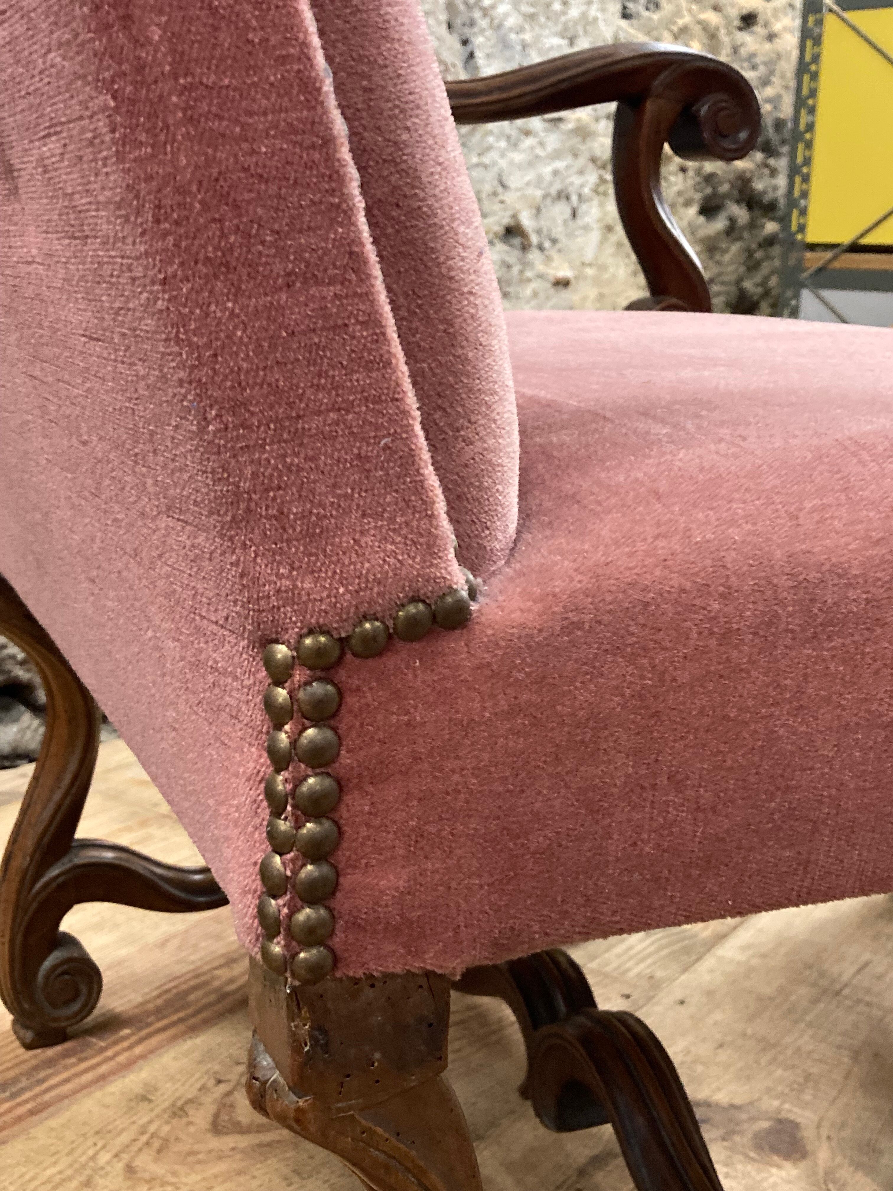 Armchair Voltaire or shepherdess and foot rest in pink velvet Louis XVI
