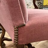 Armchair Voltaire or shepherdess and foot rest in pink velvet Louis XVI