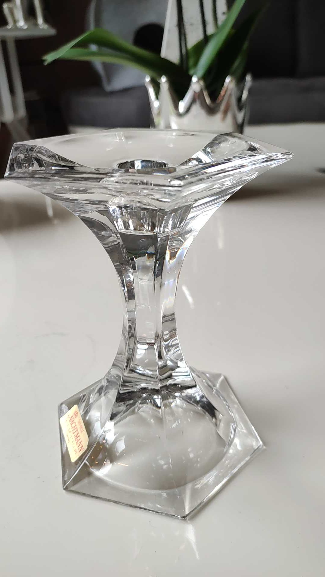 Torch candle holder in finely cut hexagonal crystal labeled Nachtmann