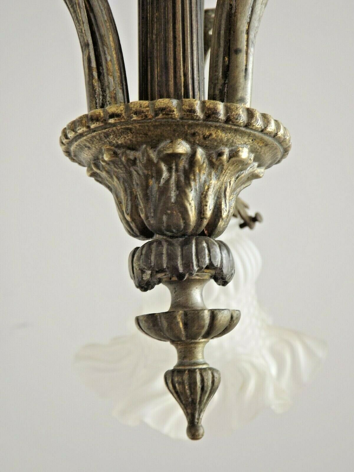 French antique bronze 3 light semi flush chandelier opaque patterned shades