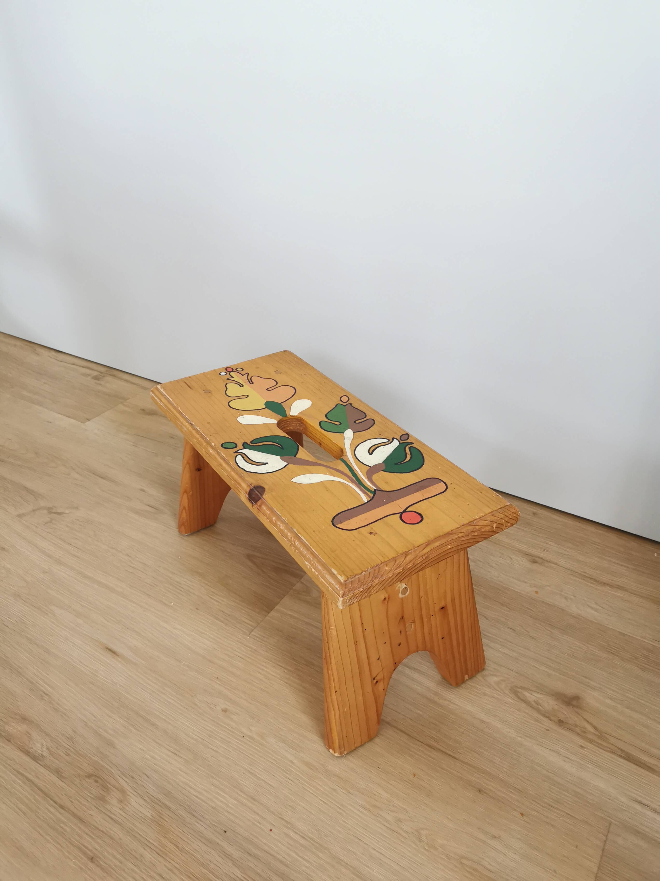 Vintage Hand-Painted Wooden Footstool: Yugoslavian Folk Art Decor