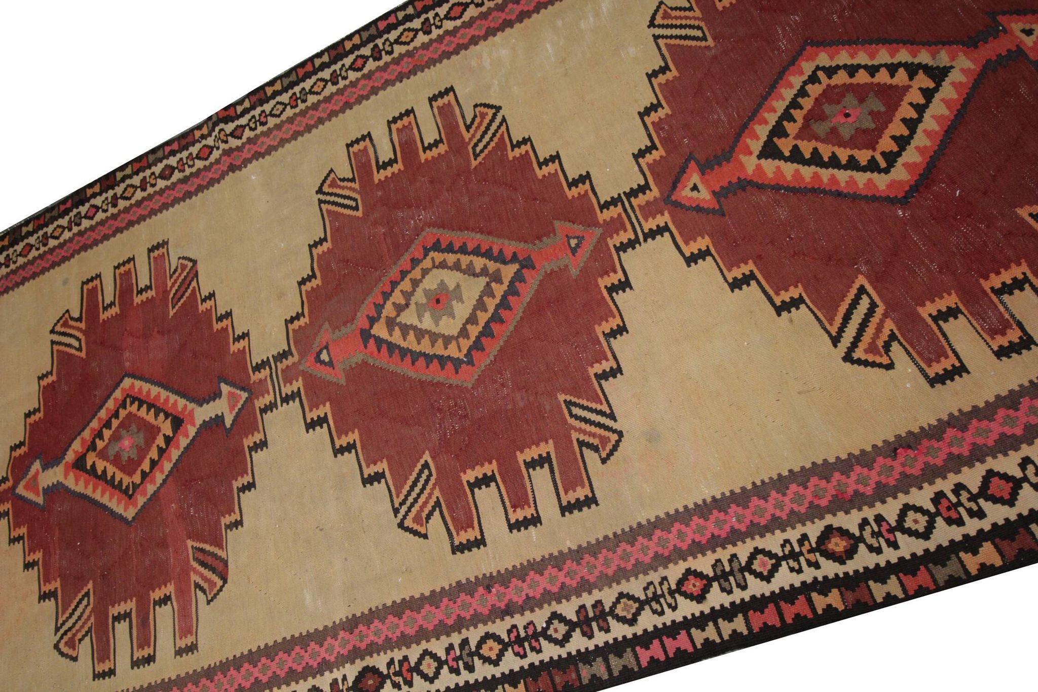 Vintage Kilim Rug 1980s Beige Terracotta Wool Flatweave 290 x 175 cm