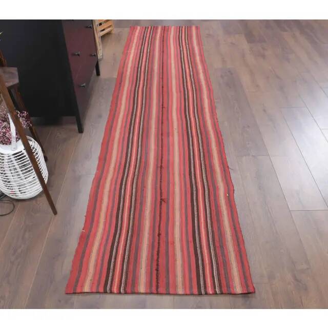 Vintage Turkish hand-knotted wool cotton red kilim runner rug 75x312