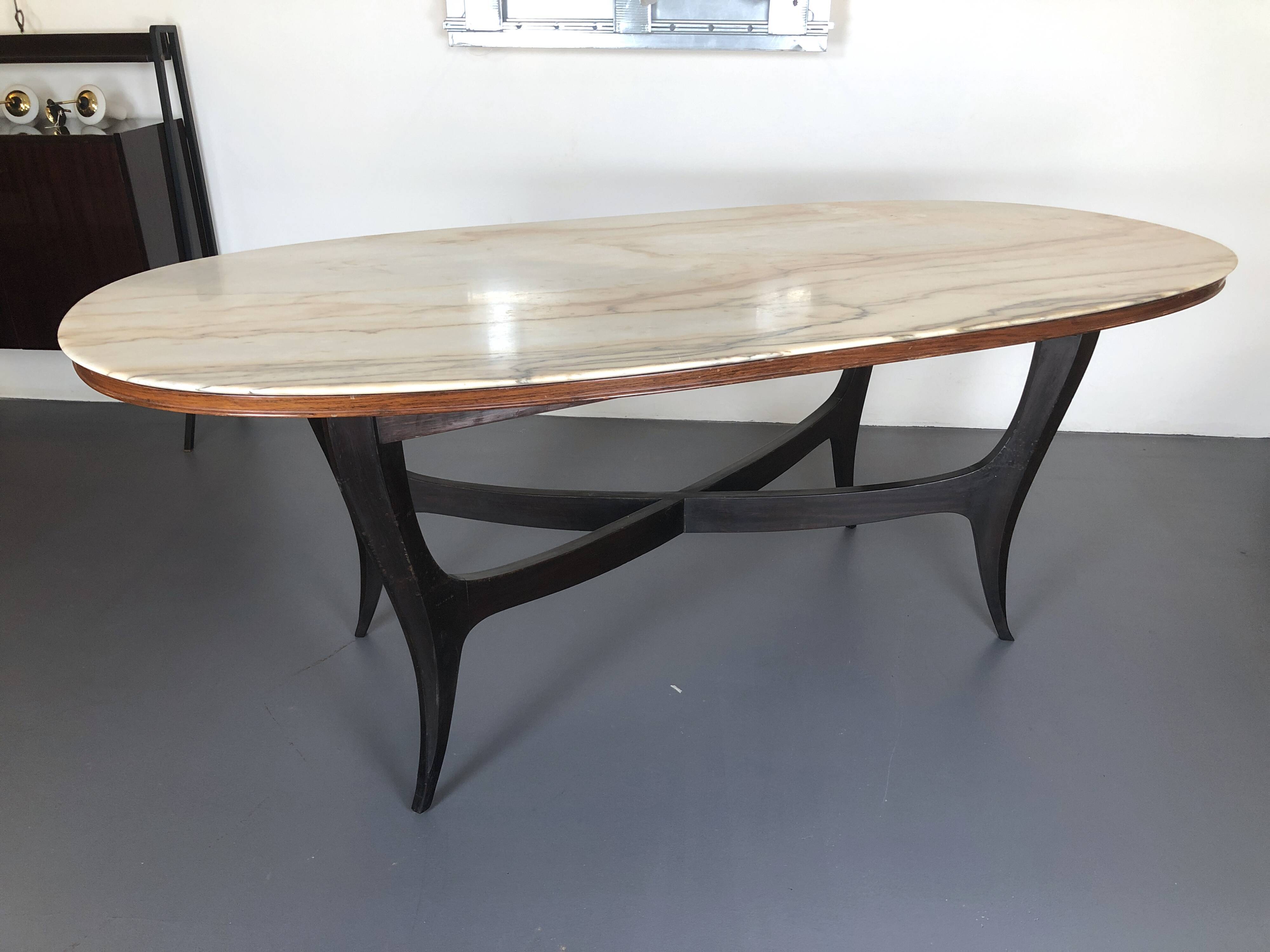 Vintage Italian wood and white marble dining table from 1950s