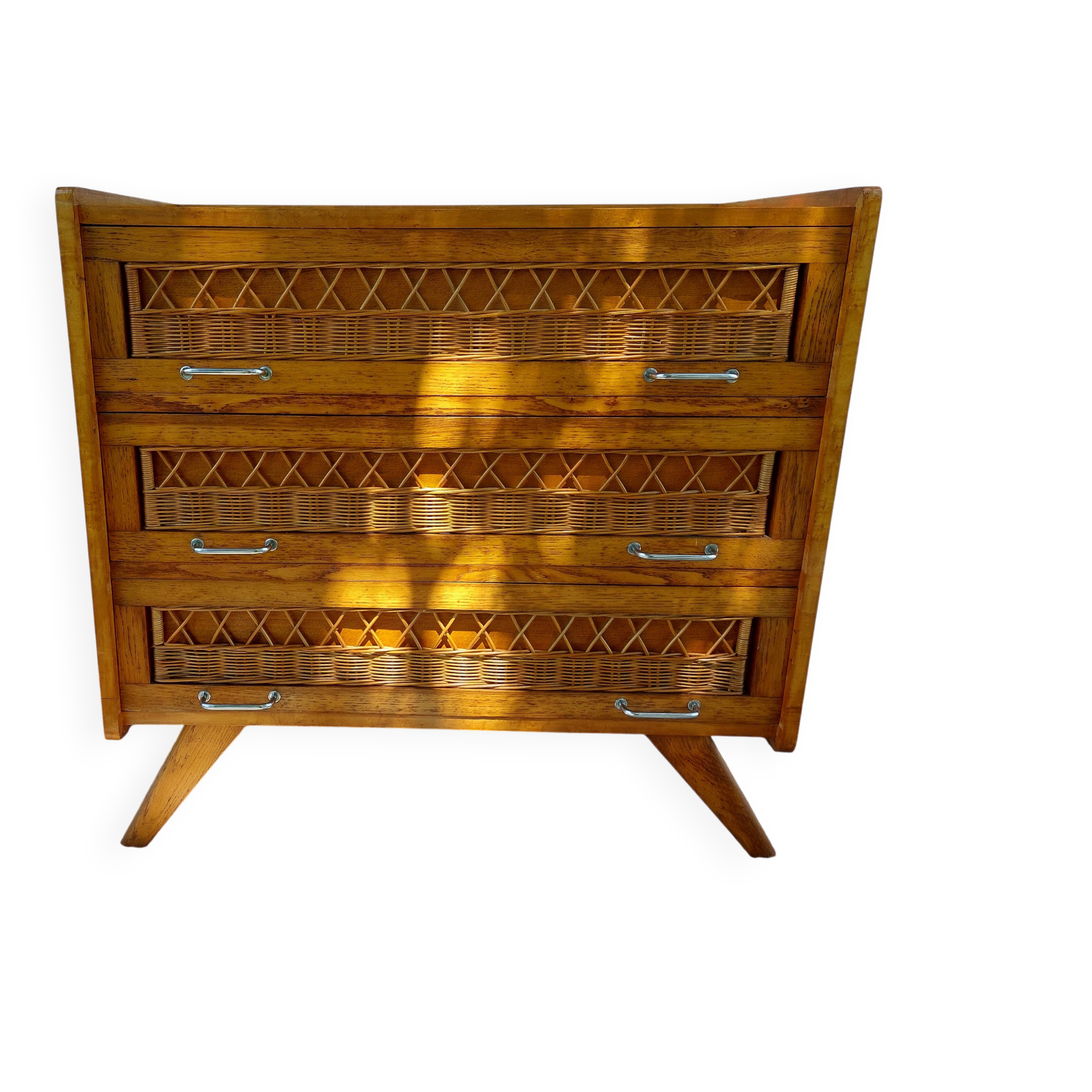 Commode vintage pieds compas en bois massif et osier