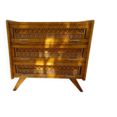 compass-legged chest of drawers, solid wood and wicker, vintage, cosy, bohemian