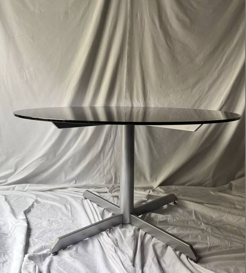 Round designer dining table in metal and smoked glass, Roche Bobois 1970