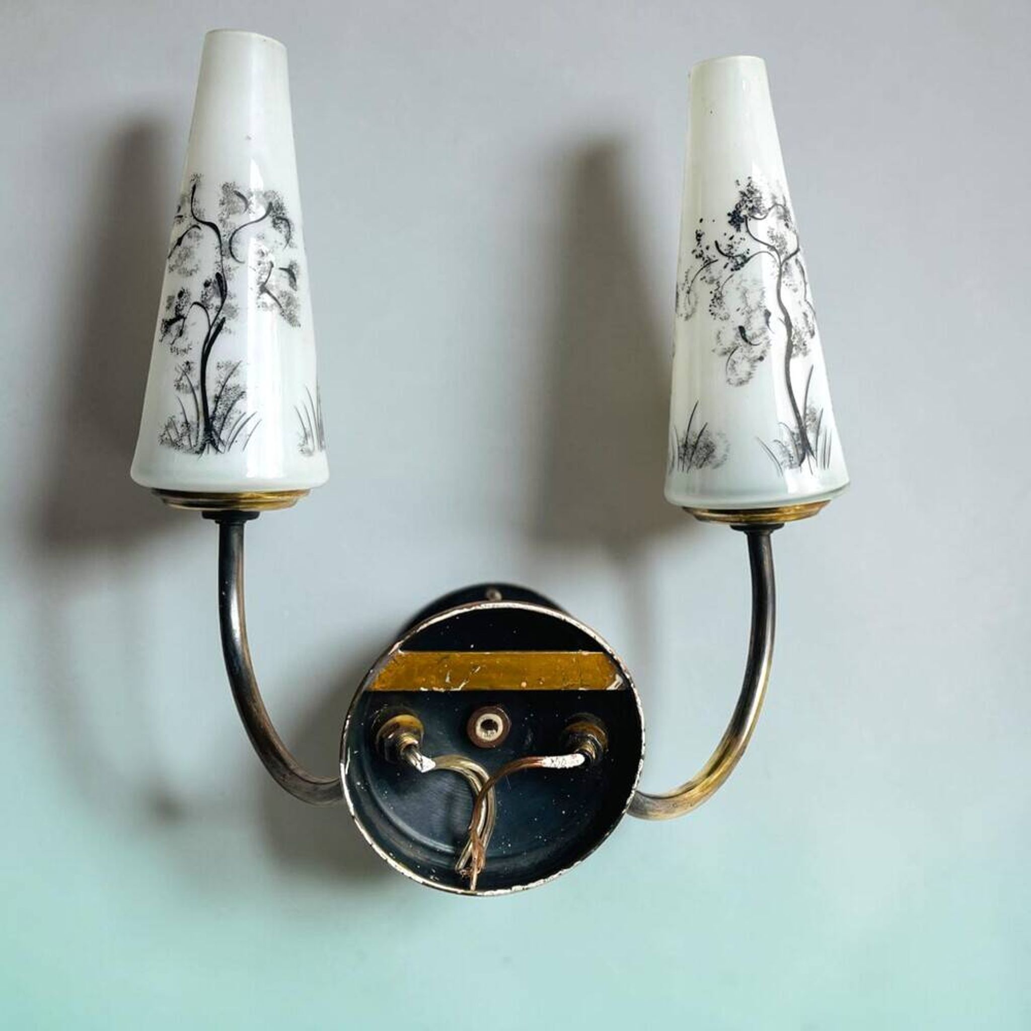 Pair Mid century brass and glass double wall sconces