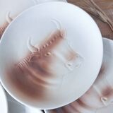 6 vintage St Amand plates, embossed ox head, for barbecue steak meat