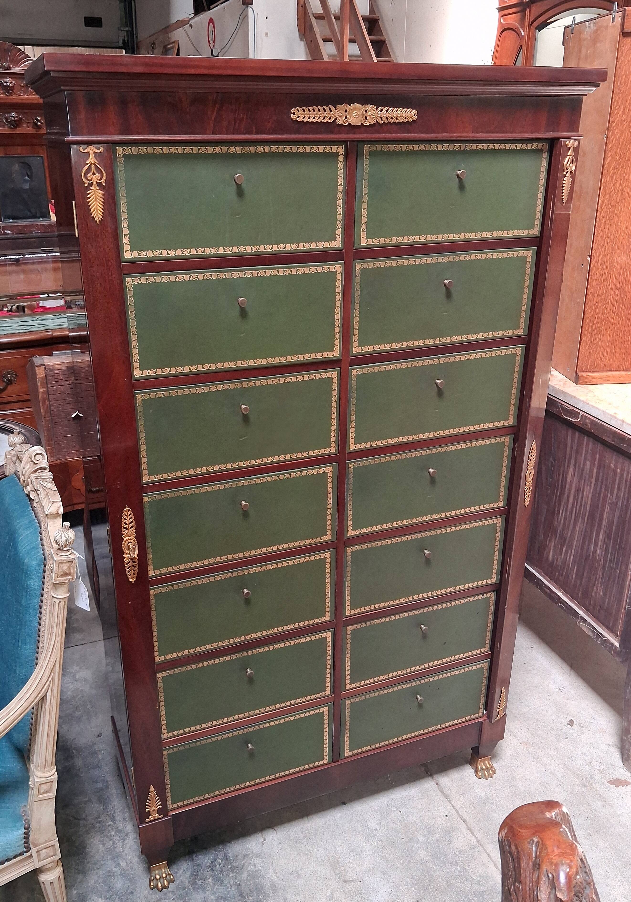 Empire-style mahogany cabinet – 12 drawers lined with green leather –