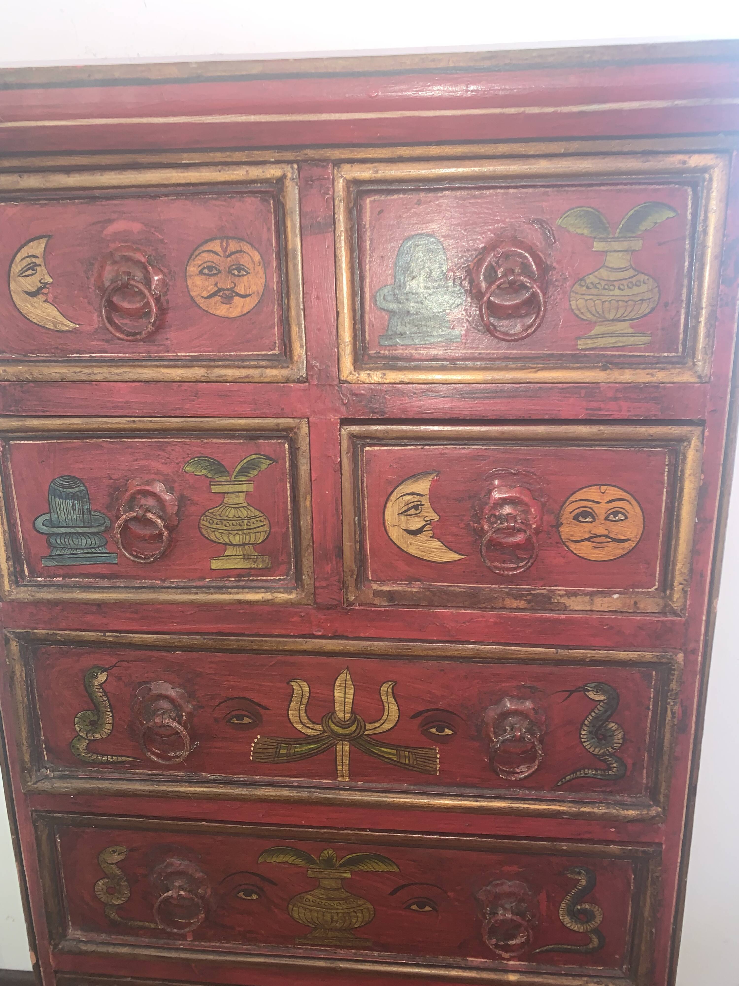 Small antique Indian piece of furniture hand-painted – tallboy / chest of drawers with 10 drawers.