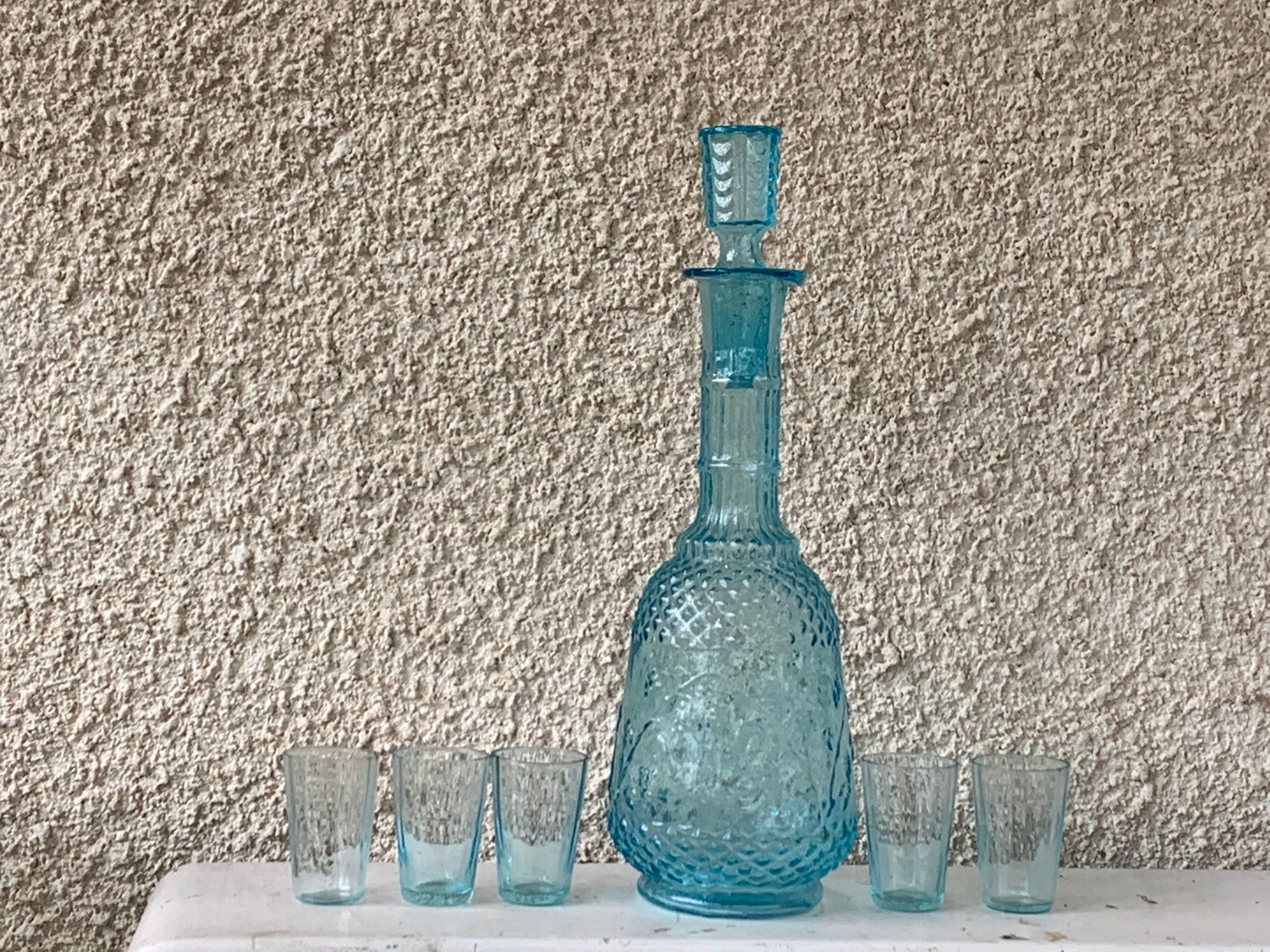 Carafe and 5 old blue glass liqueur glasses