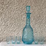 Carafe and 5 old blue glass liqueur glasses