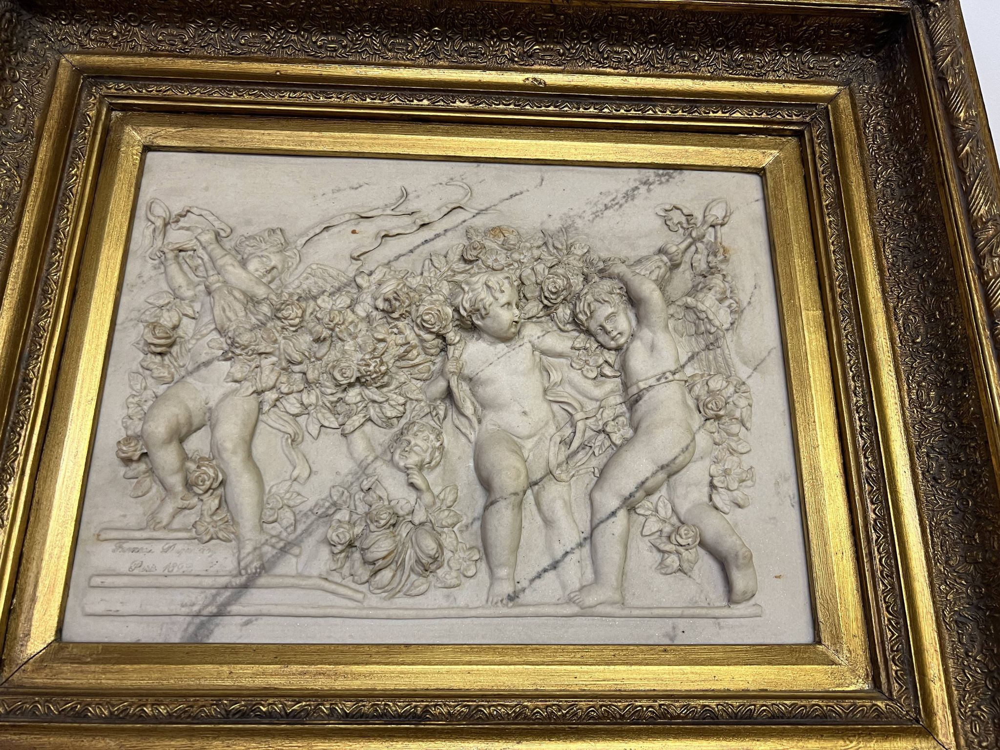 Marble high relief by François Duquesnoy "Putti, garlands and flowers" Paris, 1892