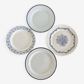 4 assiettes à dessert vintage dépareillées porcelaine bleue et blanche lot T