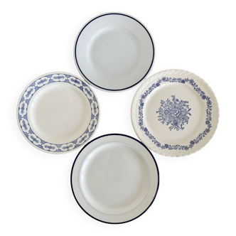 4 assiettes à dessert vintage dépareillées porcelaine bleue et blanche lot T
