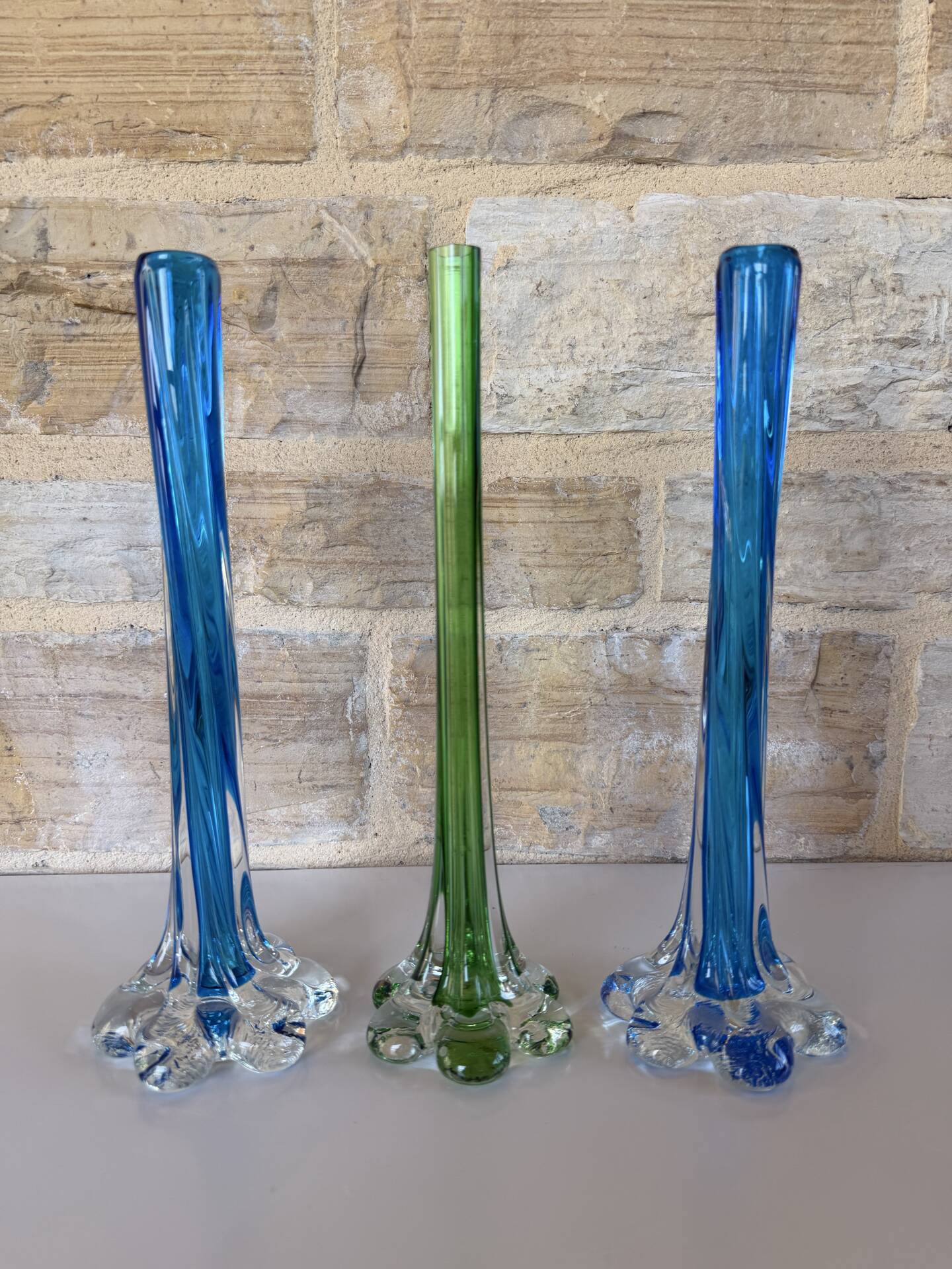 Trio de soliflore vase Murano vintage – verre soufflé bleu & vert – It