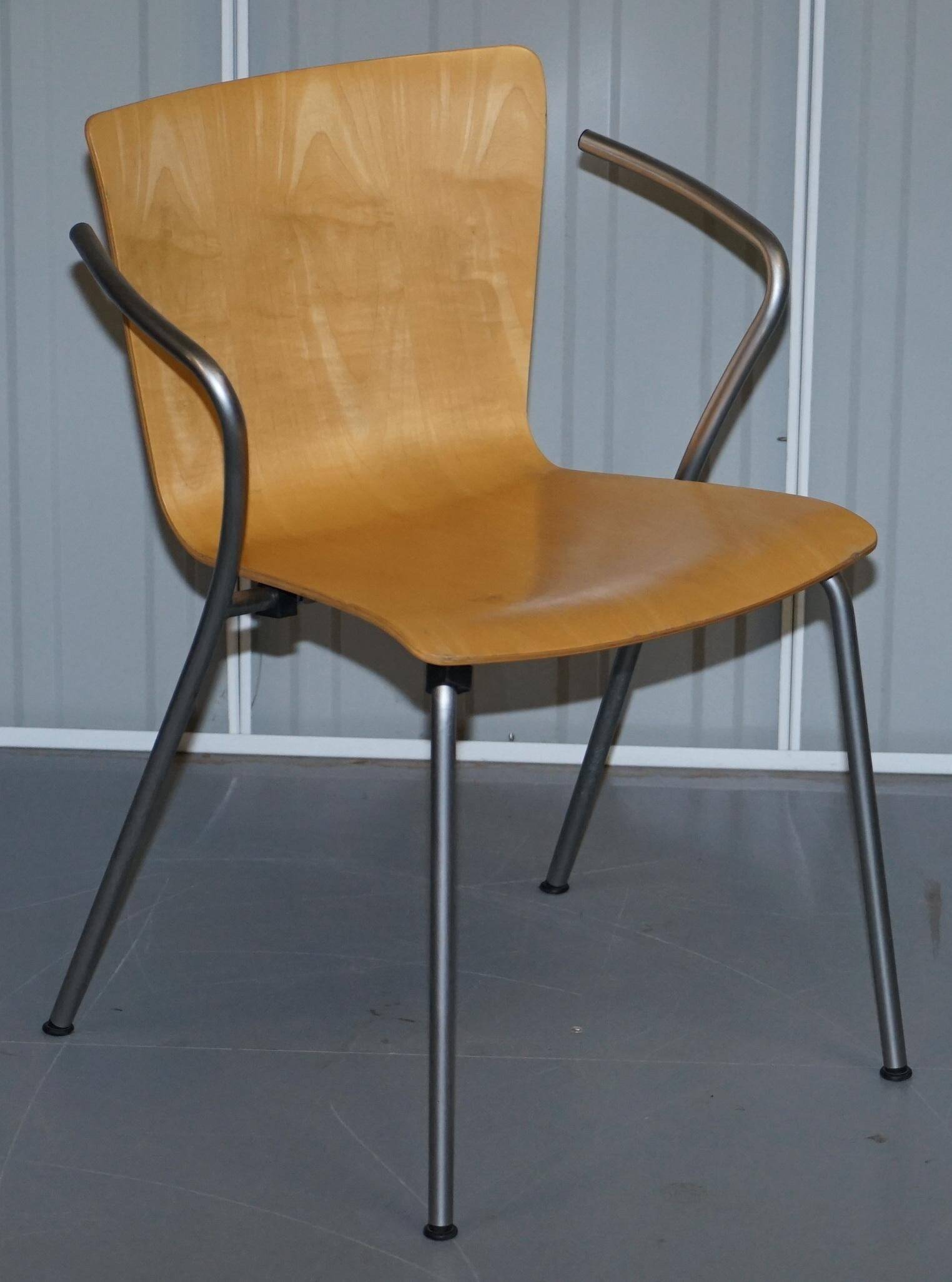 Six vintage stackable armchairs by Fritz Hansen, Vico Magistretti, in bent wood.