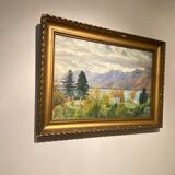 Old painting, landscape of a Swiss lake, signed A Bezencon, dated 1921