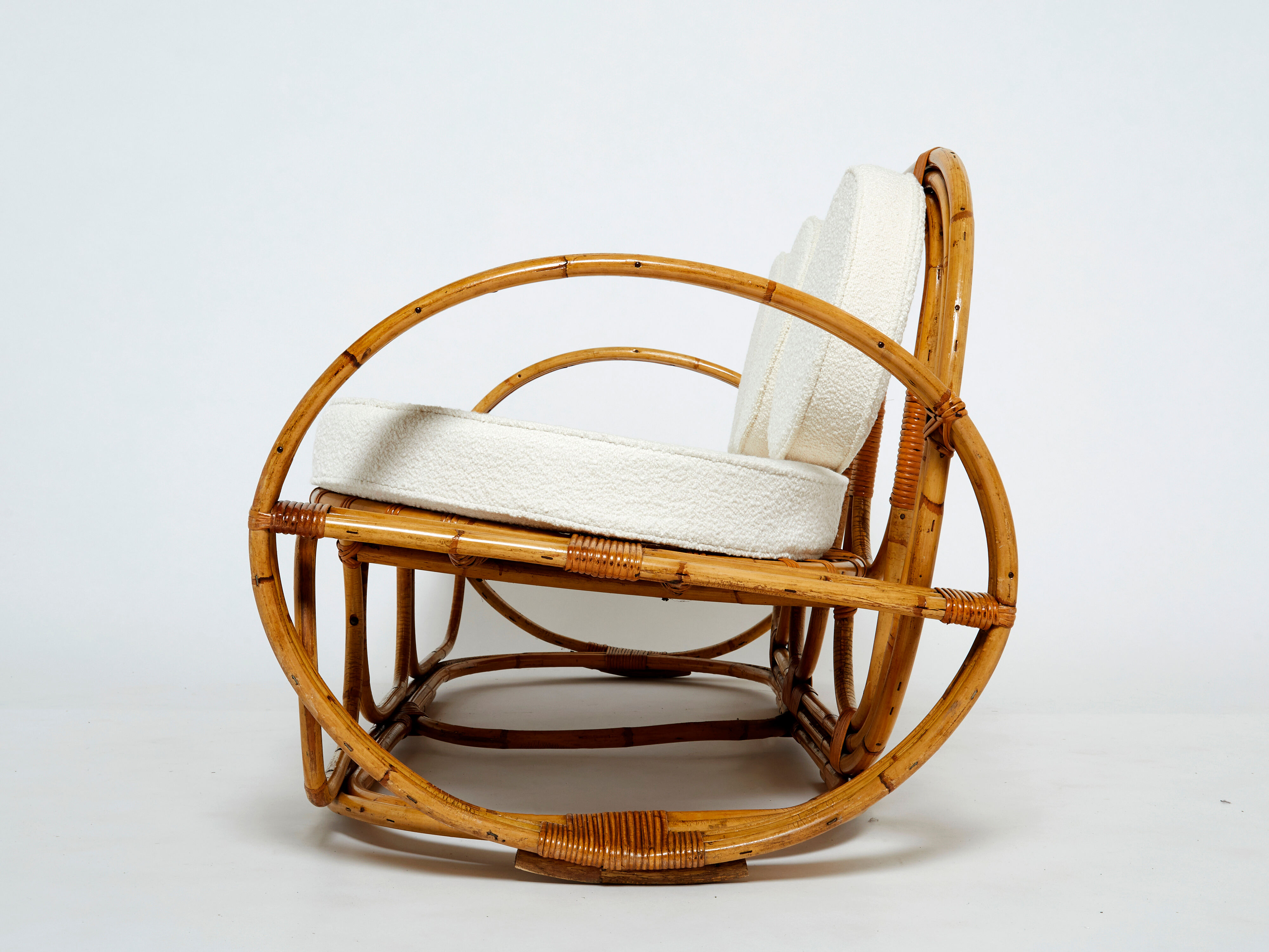 Sofa and italian poufs bamboo curly wool around 1960