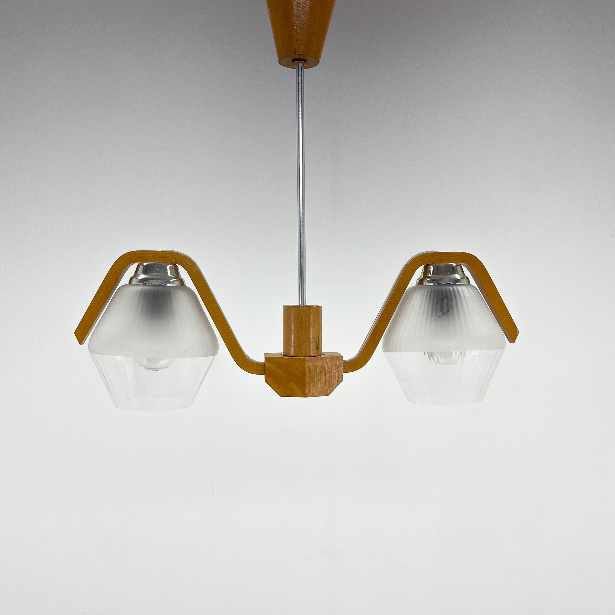 Mid-century Wood & Glass Chandelier by Dřevo Humpolec, 1960's