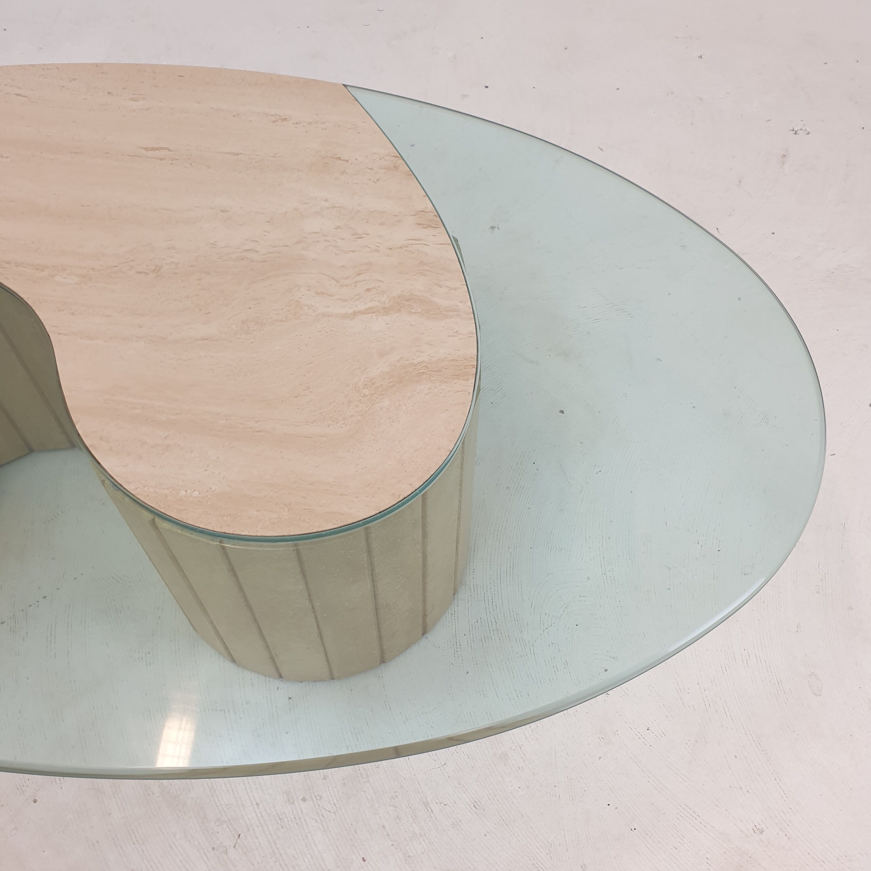 Italian travertine and glass coffee table, 1980's