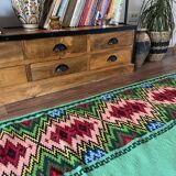 Romanian flatwoven rug geometrical design on a green turquoise background, 158x185 cm