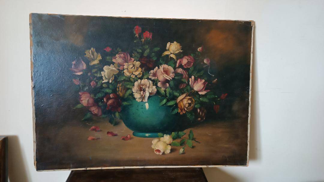 Large oil painting on canvas - Vase with flowers - Still life - Ita