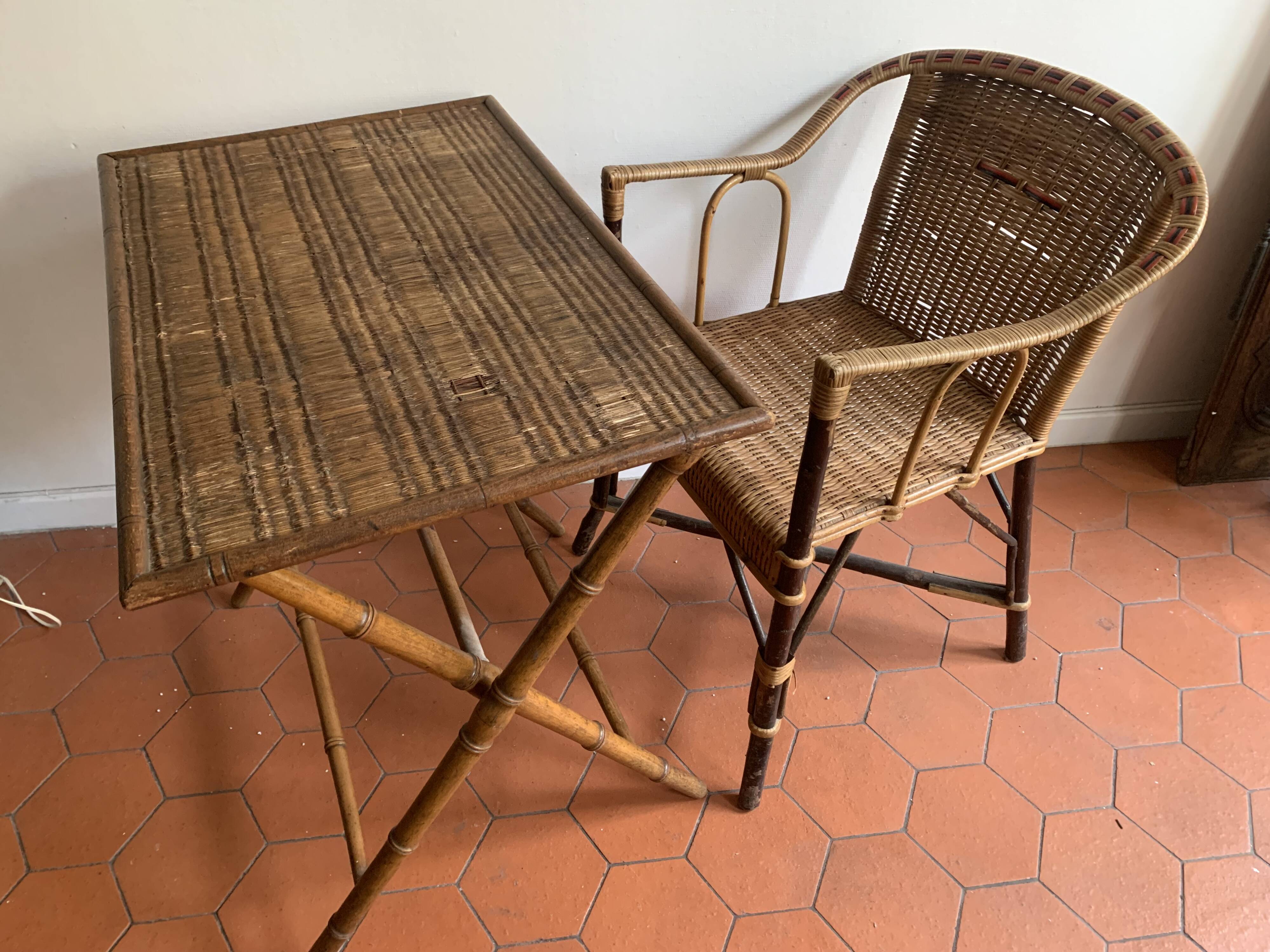 Folding table in bamboo-style wood and woven top, Napoleon III