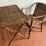 Folding table in bamboo-style wood and woven top, Napoleon III