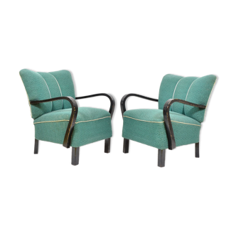 Pair of armchairs with wooden armrests, Czechoslovakia 1940s