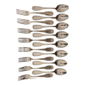 Set of 8 Spoons and 8 Forks in Silver Metal - Orfèvre Le Mondial Set of 8 Silver-Plate