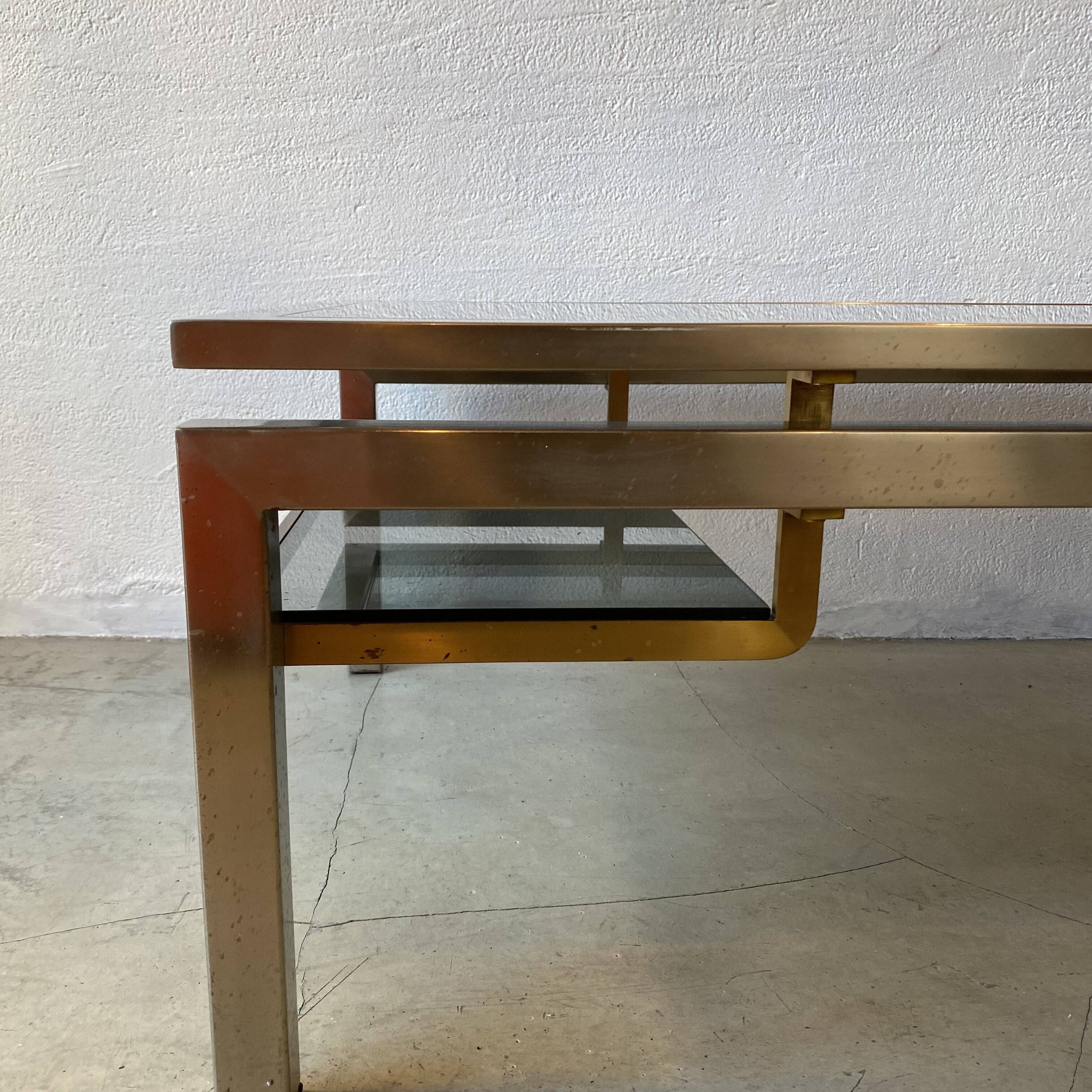 Guy Lefèvre Coffee Table for Maison Jansen, Brushed Steel and Brass