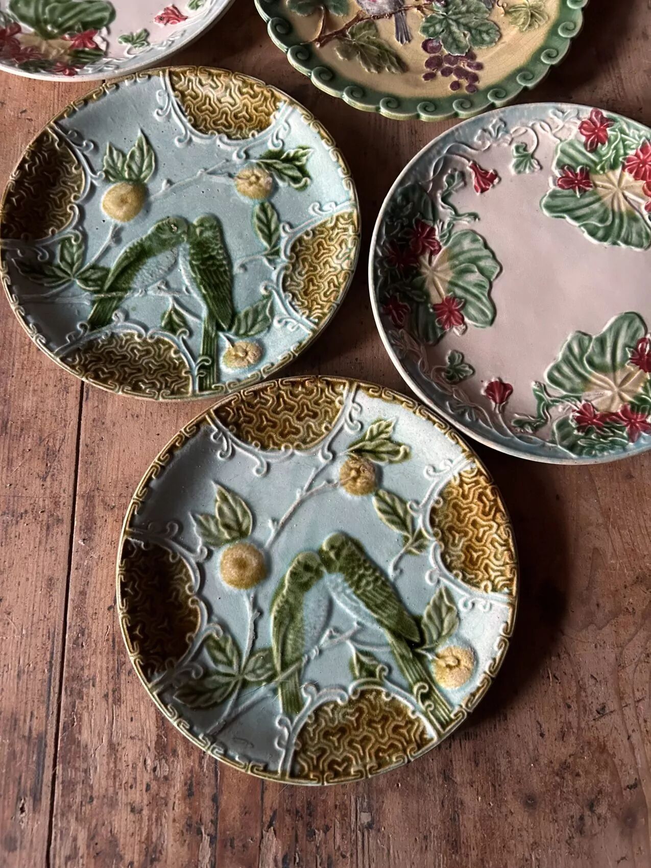 Antique faience barbotine plates – Mismatched set – circa 1900